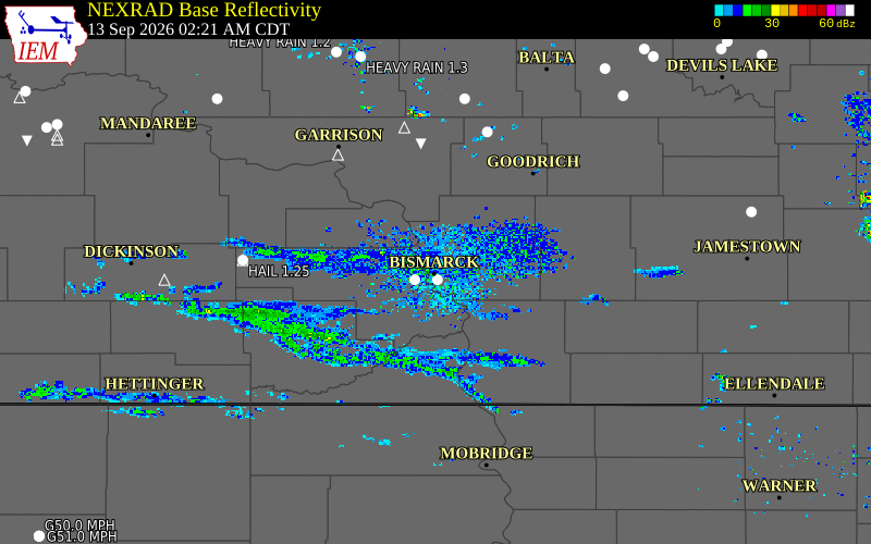 Current NEXRAD radar over Morton County, North Dakota with recent storm report locations