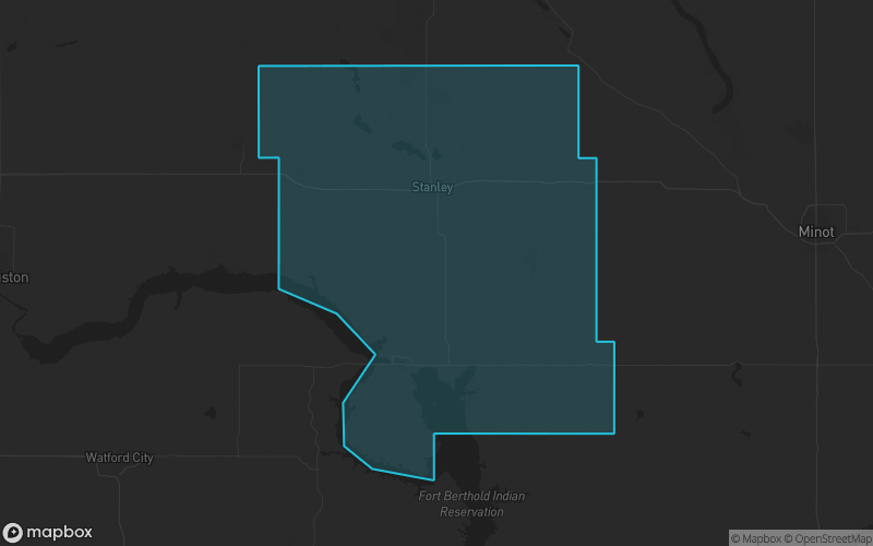 Map of Mountrail County, North Dakota showing the county boundary and surrounding cities