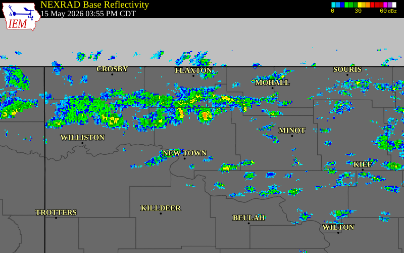 NEXRAD radar during the Friday, May 15, 2026 storm activity in Mountrail County, North Dakota