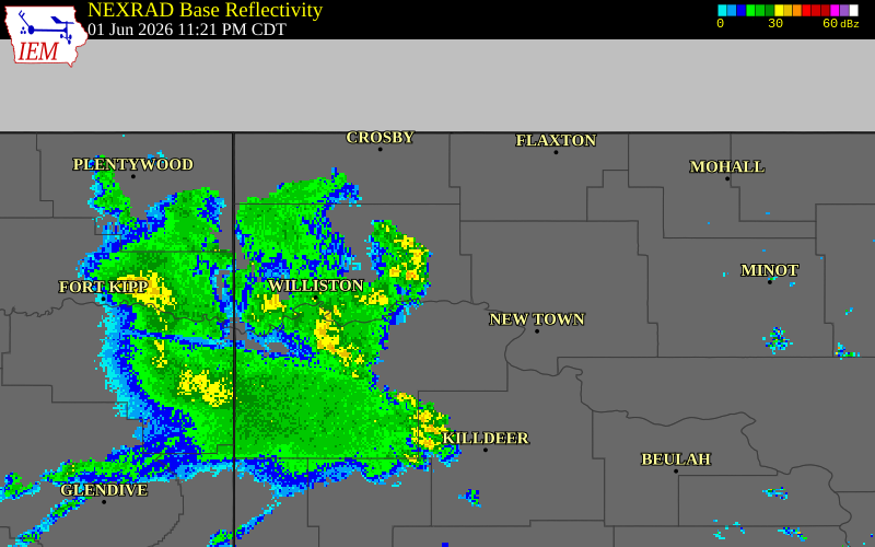NEXRAD radar during the Monday, June 1, 2026 storm activity in Mountrail County, North Dakota