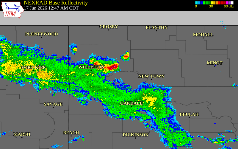 NEXRAD radar during the Wednesday, June 17, 2026 storm activity in Mountrail County, North Dakota