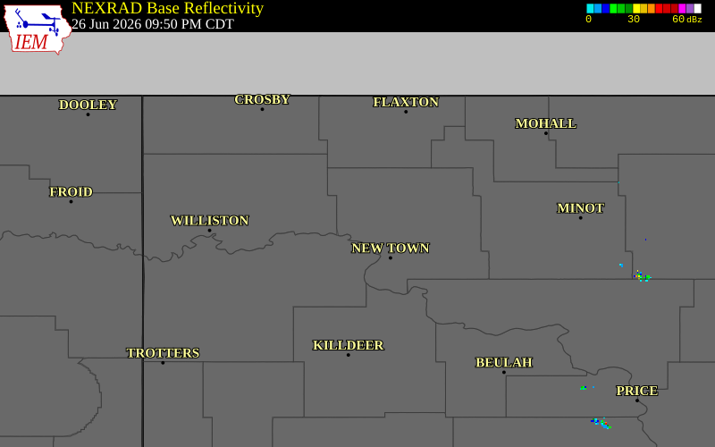 NEXRAD radar during the Friday, June 26, 2026 storm activity in Mountrail County, North Dakota
