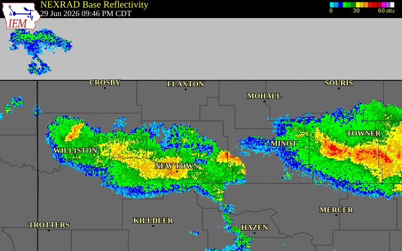 NEXRAD radar during the Monday, June 29, 2026 storm activity in Mountrail County, North Dakota