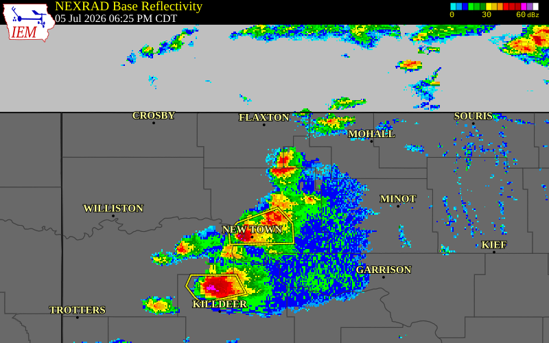 NEXRAD radar during the Sunday, July 5, 2026 storm activity in Mountrail County, North Dakota