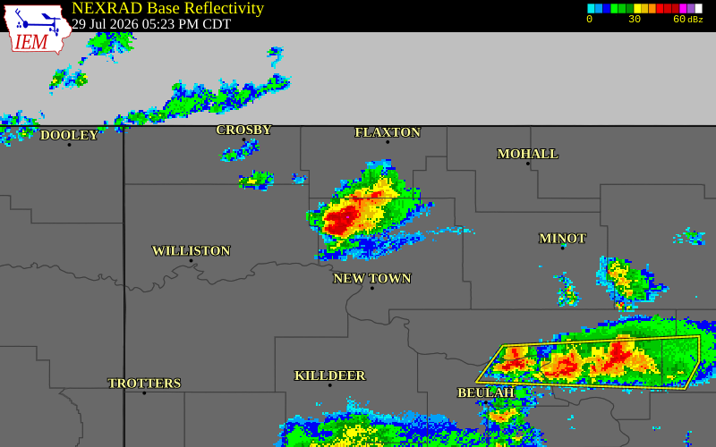 NEXRAD radar during the Wednesday, July 29, 2026 storm activity in Mountrail County, North Dakota