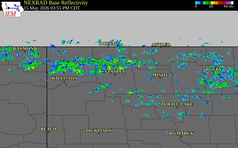 Radar snapshot during the May 15, 2026 wind event near 3 W Palermo, Mountrail County, North Dakota, with NWS warning polygons