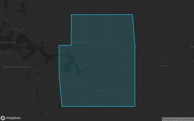 Map of Nelson County, North Dakota showing the county boundary and surrounding cities