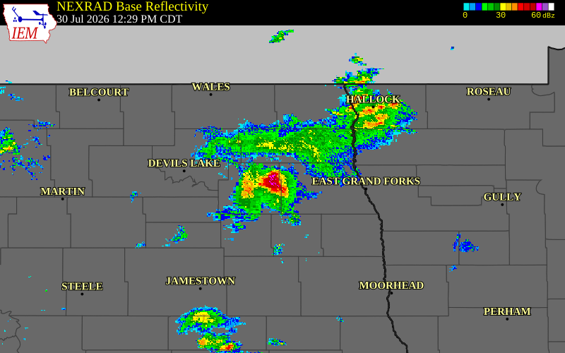 Radar snapshot during the Jul 30, 2026 wind event near Nelson County, Nelson County, North Dakota, with NWS warning polygons