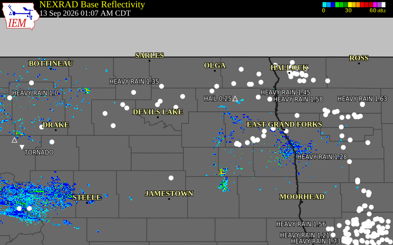 Current NEXRAD radar over Nelson County, North Dakota with recent storm report locations