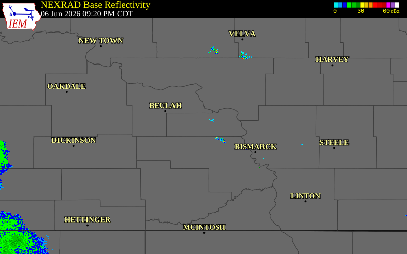 NEXRAD radar during the Saturday, June 6, 2026 storm activity in Oliver County, North Dakota