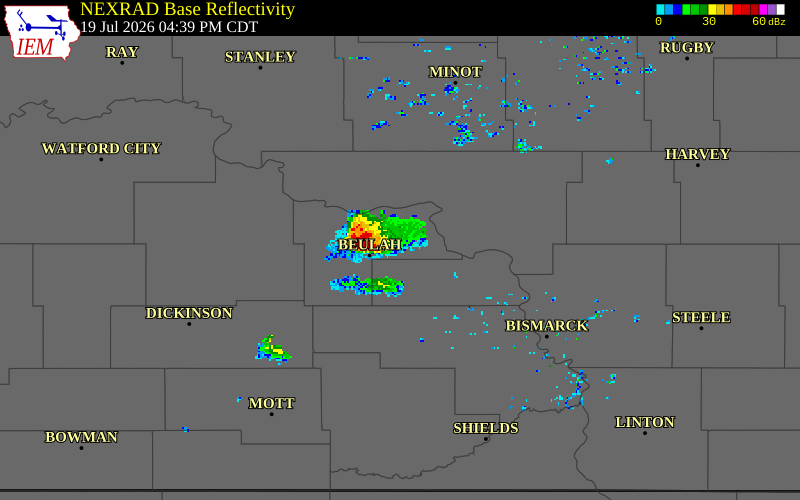 NEXRAD radar during the Sunday, July 19, 2026 storm activity in Oliver County, North Dakota