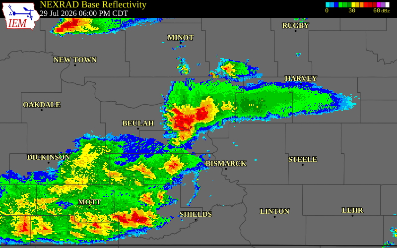 NEXRAD radar during the Wednesday, July 29, 2026 storm activity in Oliver County, North Dakota