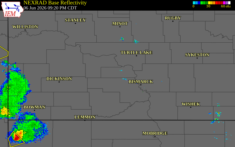 Radar snapshot during the Jun 6, 2026 wind event near 3 SW Center, Oliver County, North Dakota, with NWS warning polygons