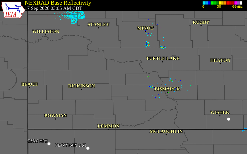 Current NEXRAD radar over Oliver County, North Dakota with recent storm report locations