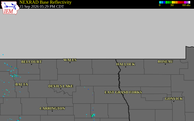 Current NEXRAD radar over Pembina County, North Dakota with recent storm report locations