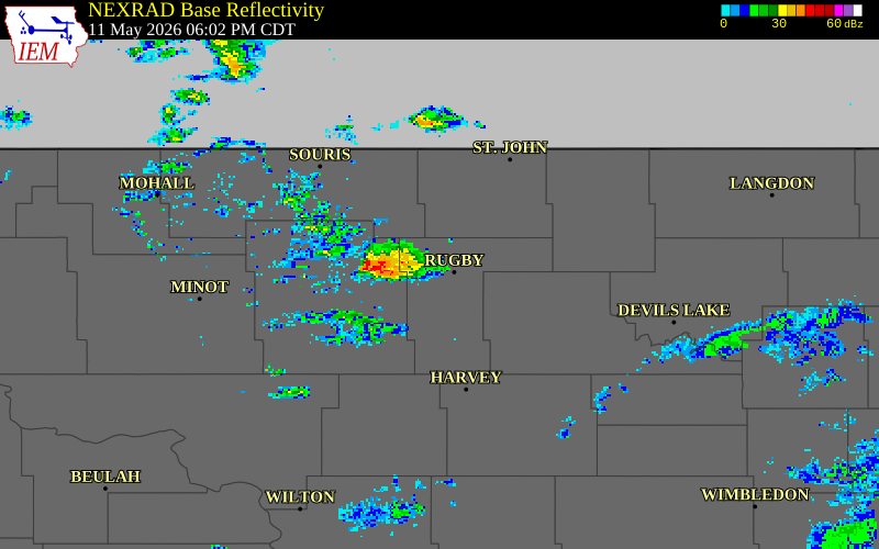 NEXRAD radar during the Monday, May 11, 2026 storm activity in Pierce County, North Dakota