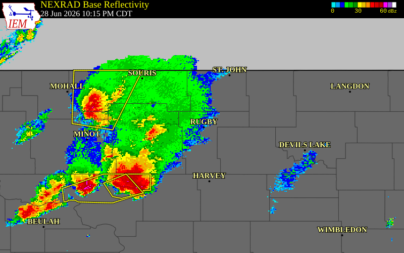 NEXRAD radar during the Sunday, June 28, 2026 storm activity in Pierce County, North Dakota