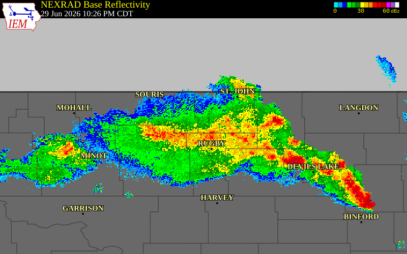 NEXRAD radar during the Monday, June 29, 2026 storm activity in Pierce County, North Dakota