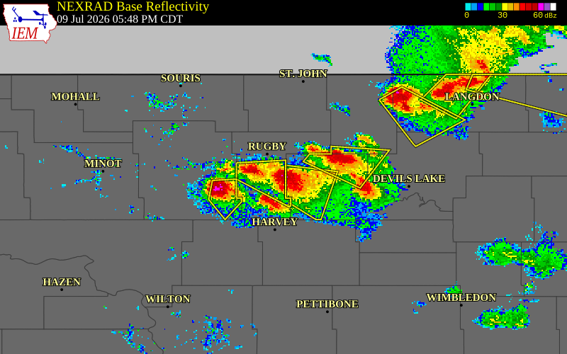 NEXRAD radar during the Thursday, July 9, 2026 storm activity in Pierce County, North Dakota