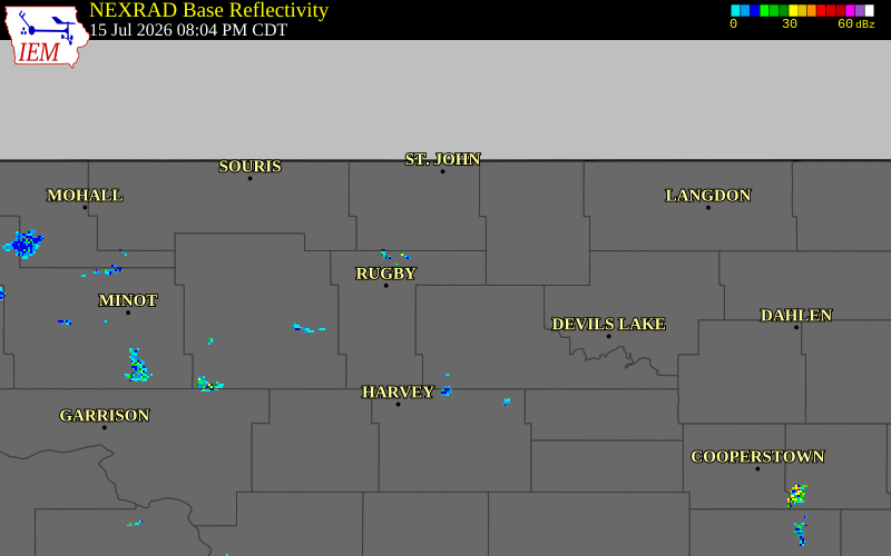NEXRAD radar during the Wednesday, July 15, 2026 storm activity in Pierce County, North Dakota
