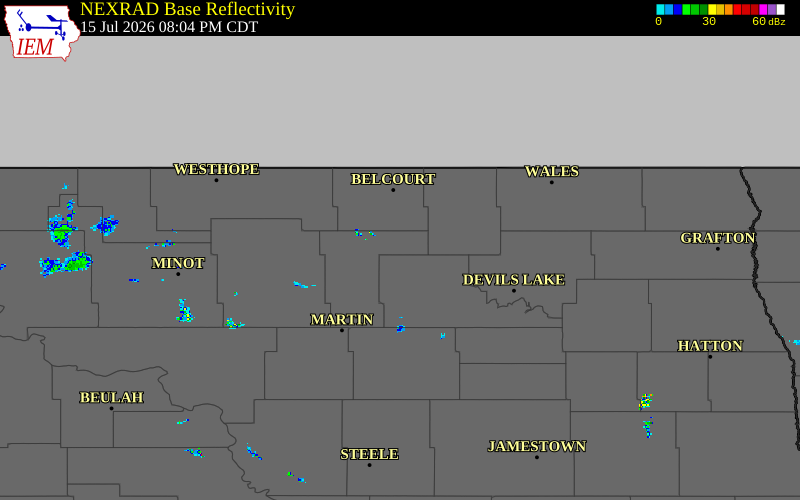 Radar snapshot during the Jul 15, 2026 tornado event near 6 S Wolford, Pierce County, North Dakota, with NWS warning polygons