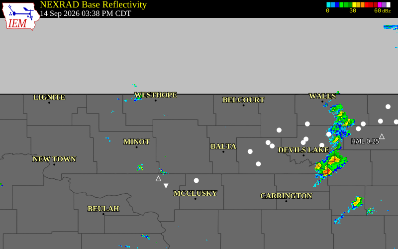 Current NEXRAD radar over Pierce County, North Dakota with recent storm report locations