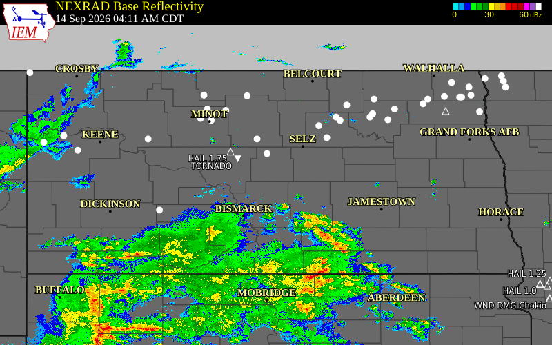 Current NEXRAD radar across North Dakota with recent storm report locations