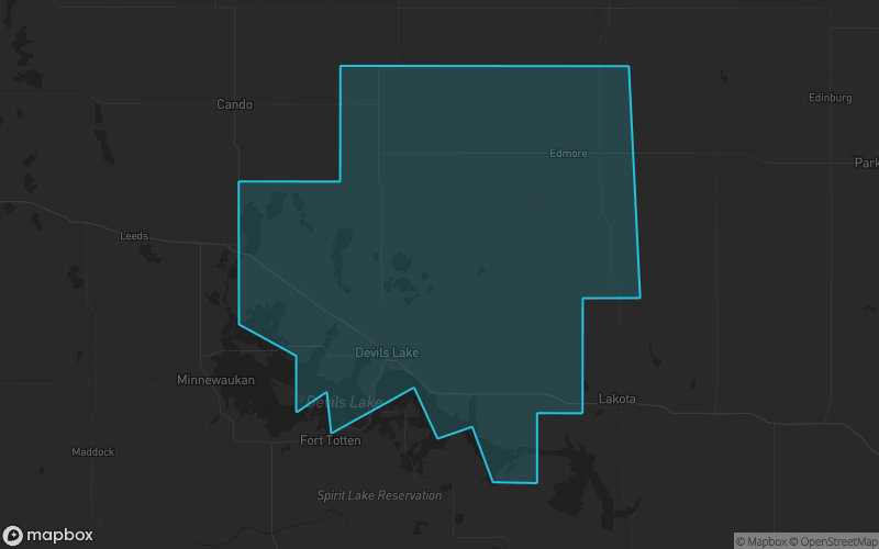 Map of Ramsey County, North Dakota showing the county boundary and surrounding cities