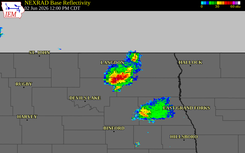 NEXRAD radar during the Tuesday, June 2, 2026 storm activity in Ramsey County, North Dakota