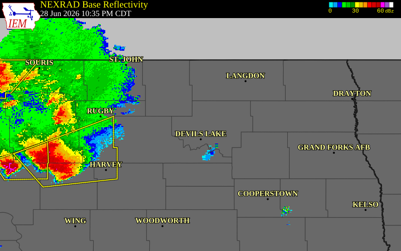 NEXRAD radar during the Sunday, June 28, 2026 storm activity in Ramsey County, North Dakota