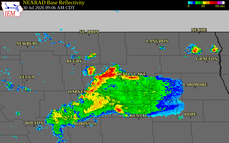 NEXRAD radar during the Thursday, July 30, 2026 storm activity in Ramsey County, North Dakota