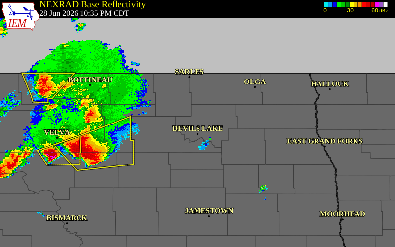 Radar snapshot during the Jun 28, 2026 wind event near 1 S Webster, Ramsey County, North Dakota, with NWS warning polygons