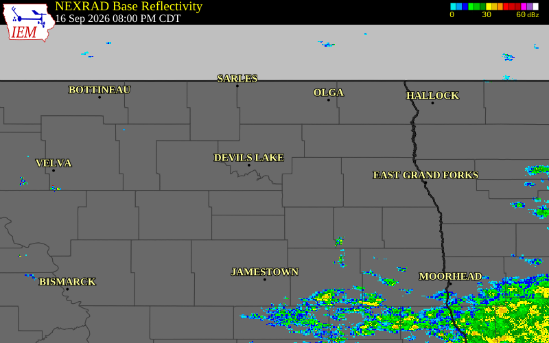 Current NEXRAD radar over Ramsey County, North Dakota with recent storm report locations
