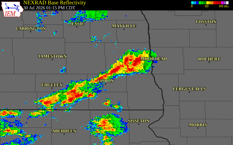 NEXRAD radar during the Thursday, July 30, 2026 storm activity in Ransom County, North Dakota