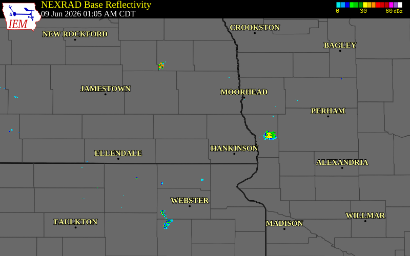 Radar snapshot during the Jun 9, 2026 wind event near 3 N Mcleod, Ransom County, North Dakota, with NWS warning polygons