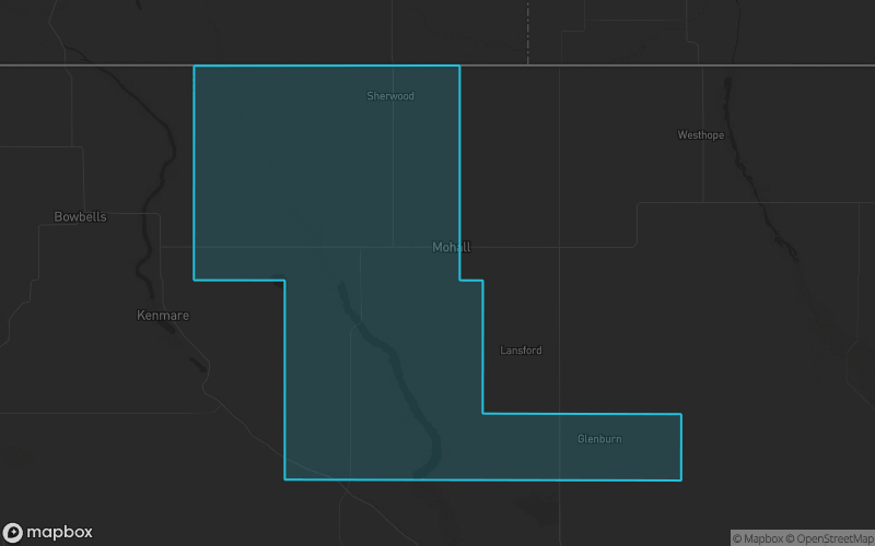 Map of Renville County, North Dakota showing the county boundary and surrounding cities