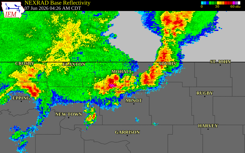 NEXRAD radar during the Sunday, June 7, 2026 storm activity in Renville County, North Dakota