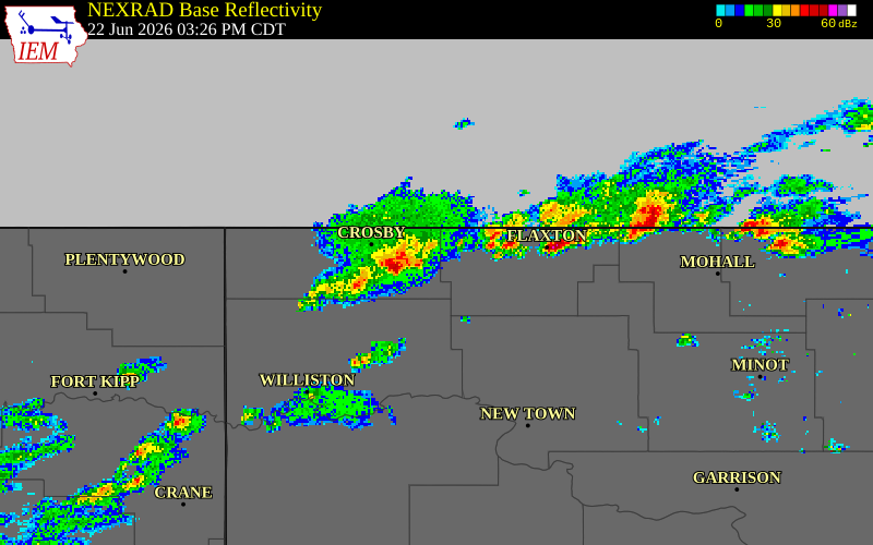 NEXRAD radar during the Monday, June 22, 2026 storm activity in Renville County, North Dakota