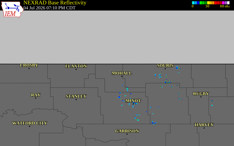 NEXRAD radar during the Saturday, July 4, 2026 storm activity in Renville County, North Dakota