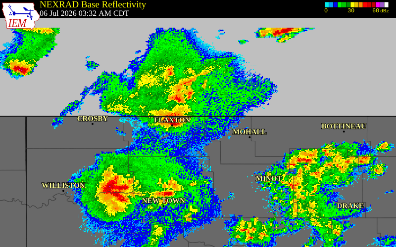 NEXRAD radar during the Monday, July 6, 2026 storm activity in Renville County, North Dakota