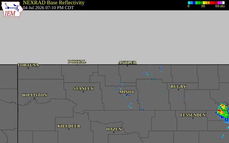 Radar snapshot during the Jul 4, 2026 hail event near 3 SW Loraine, Renville County, North Dakota, with NWS warning polygons