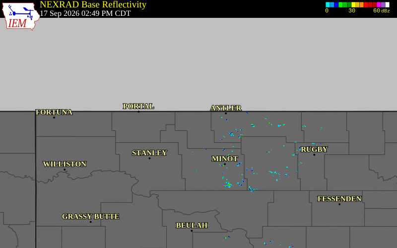 Current NEXRAD radar over Renville County, North Dakota with recent storm report locations
