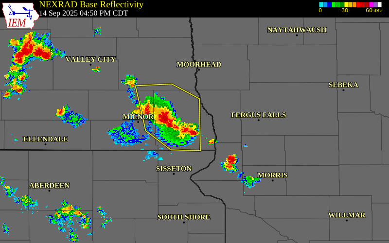 NEXRAD radar during the Sunday, September 14, 2025 storm activity in Richland County, North Dakota