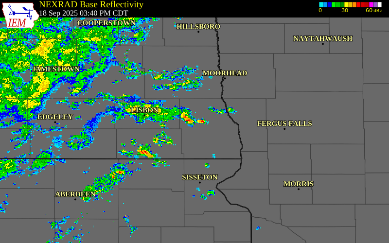 NEXRAD radar during the Thursday, September 18, 2025 storm activity in Richland County, North Dakota