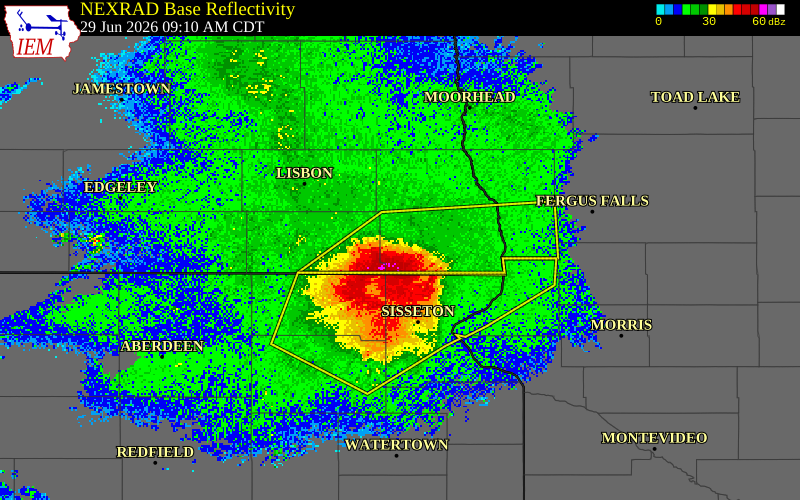 NEXRAD radar during the Monday, June 29, 2026 storm activity in Richland County, North Dakota