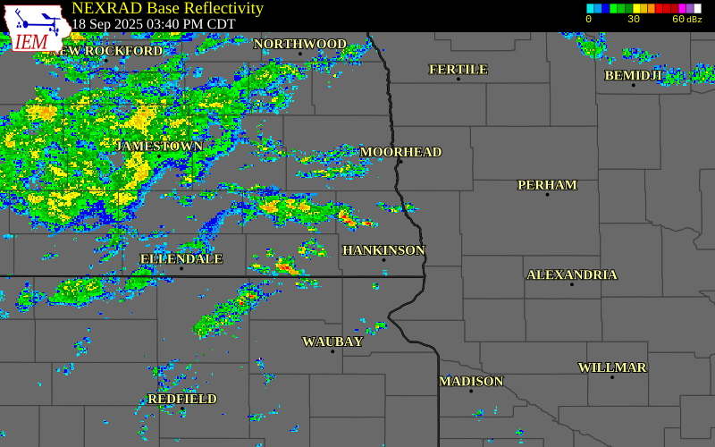 Radar snapshot during the Sep 18, 2025 tornado event near 8 N Wyndmere, Richland County, North Dakota, with NWS warning polygons