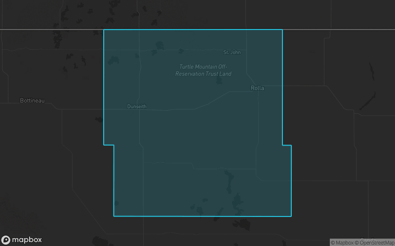 Map of Rolette County, North Dakota showing the county boundary and surrounding cities