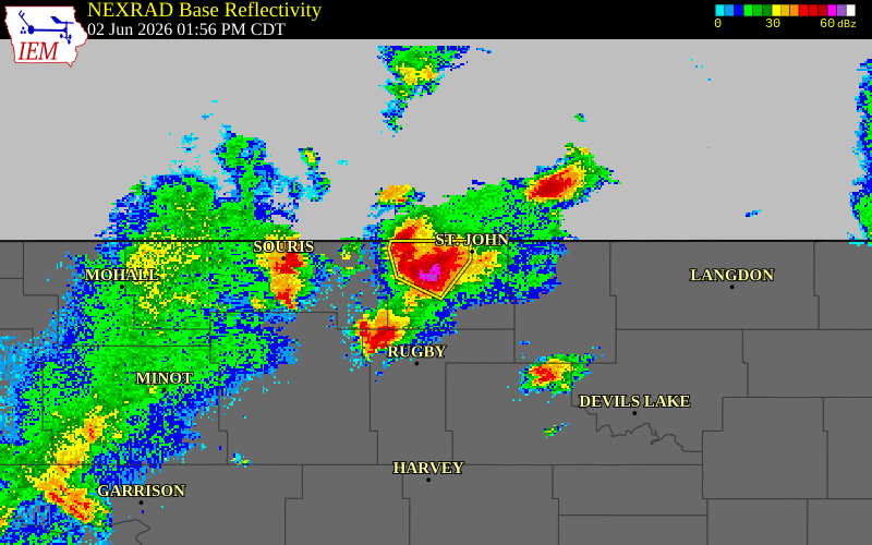 NEXRAD radar during the Tuesday, June 2, 2026 storm activity in Rolette County, North Dakota