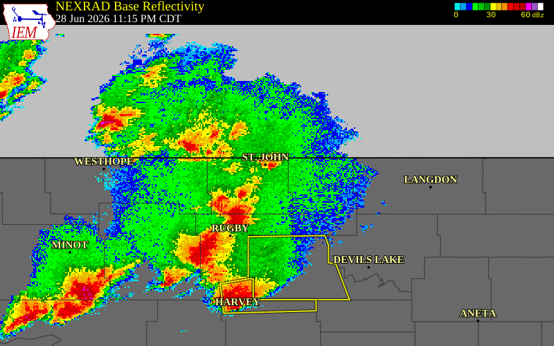 NEXRAD radar during the Sunday, June 28, 2026 storm activity in Rolette County, North Dakota