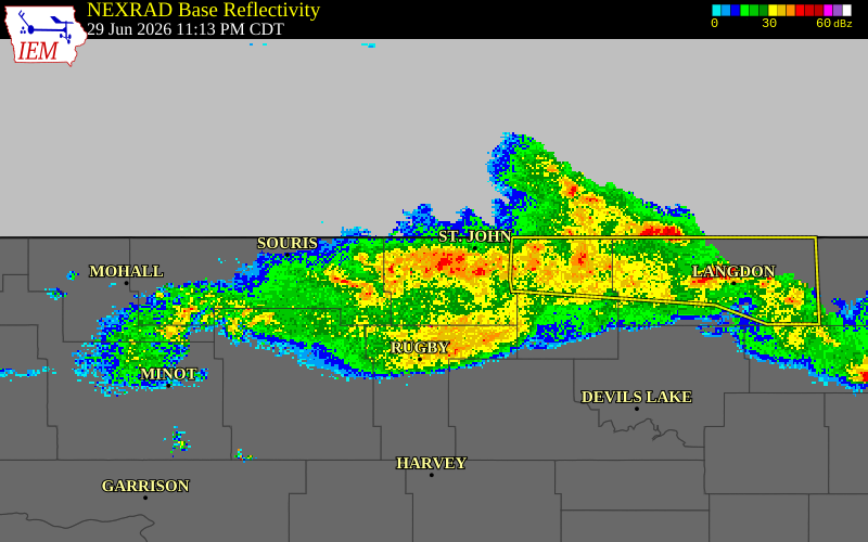 NEXRAD radar during the Monday, June 29, 2026 storm activity in Rolette County, North Dakota